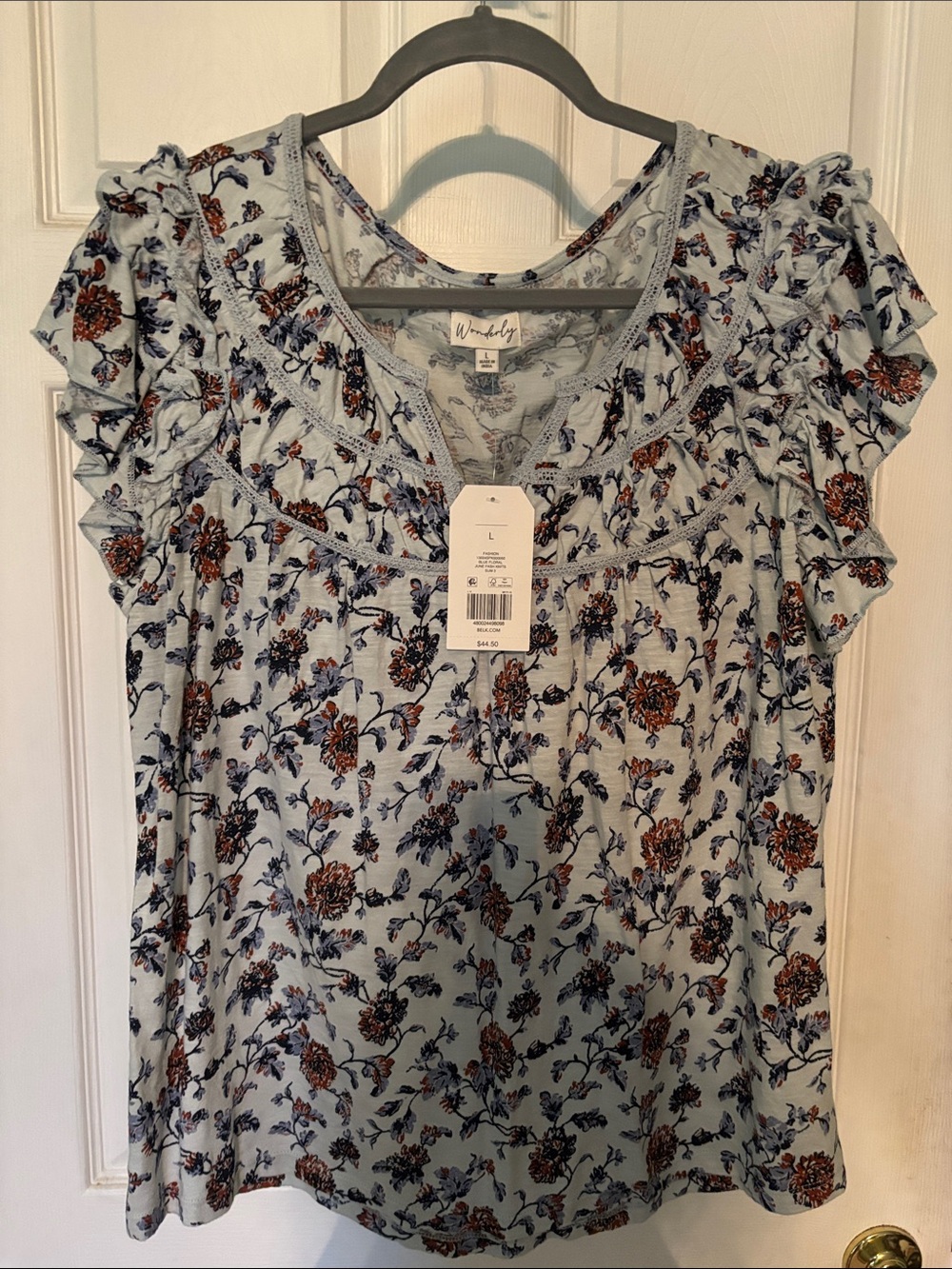 Willow & Clay Dusty Blue Floral Ruffle Sleeve Top